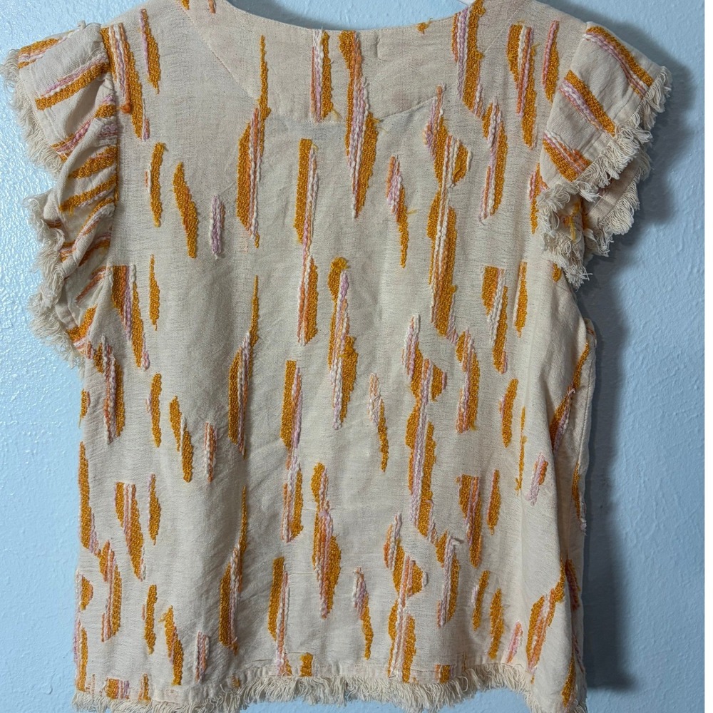 THML Womens Flutter Sleeve Embroidered Top Cream Orange Pink M Boho Artisan - Picture 3 of 6